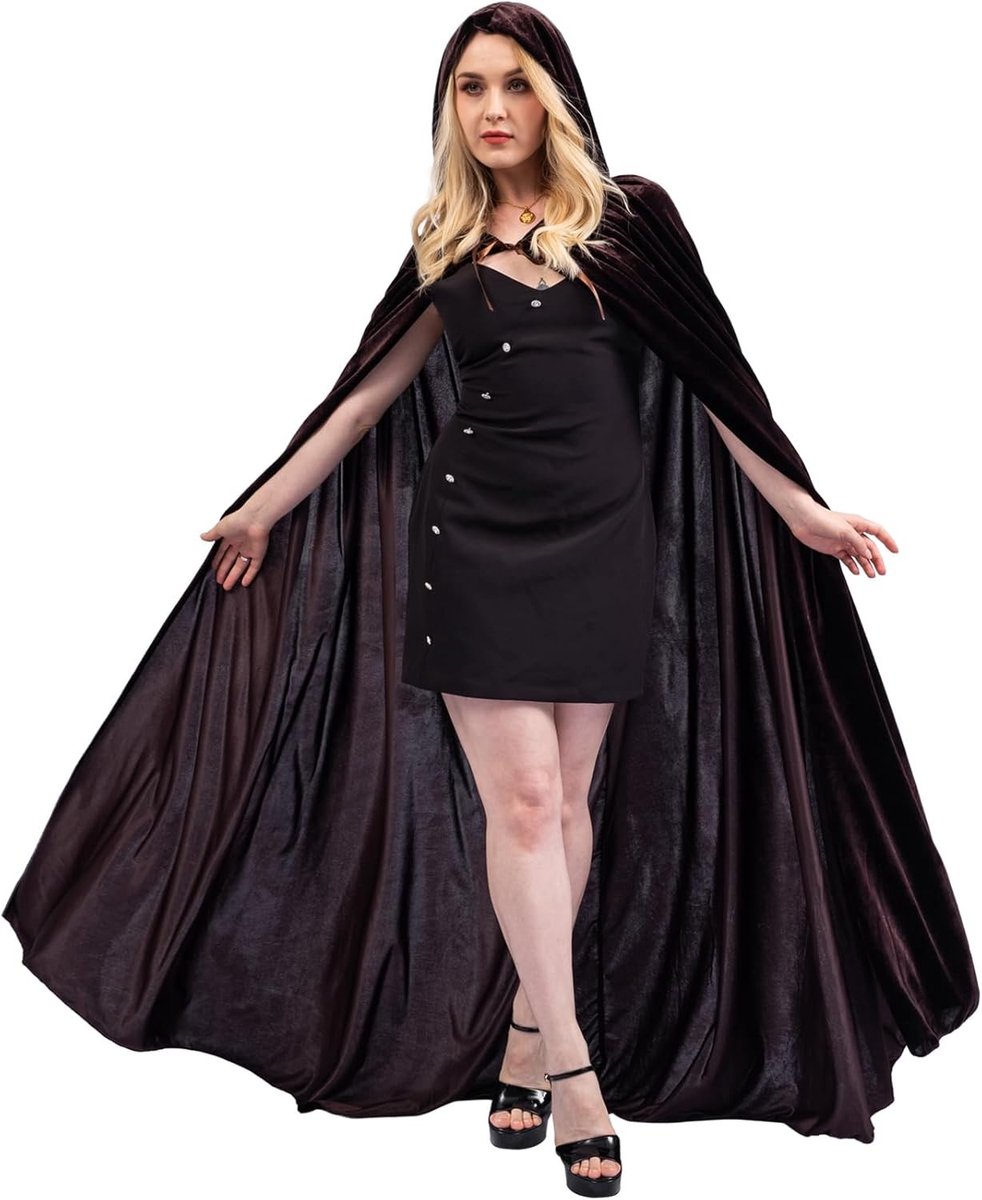 Damescape met Kap voor Halloween - Fluwelen Cosplay Outfit voor Heksen en Vampiers - Middeleeuwse Robe in Bruin voor Carnaval en Feestjes