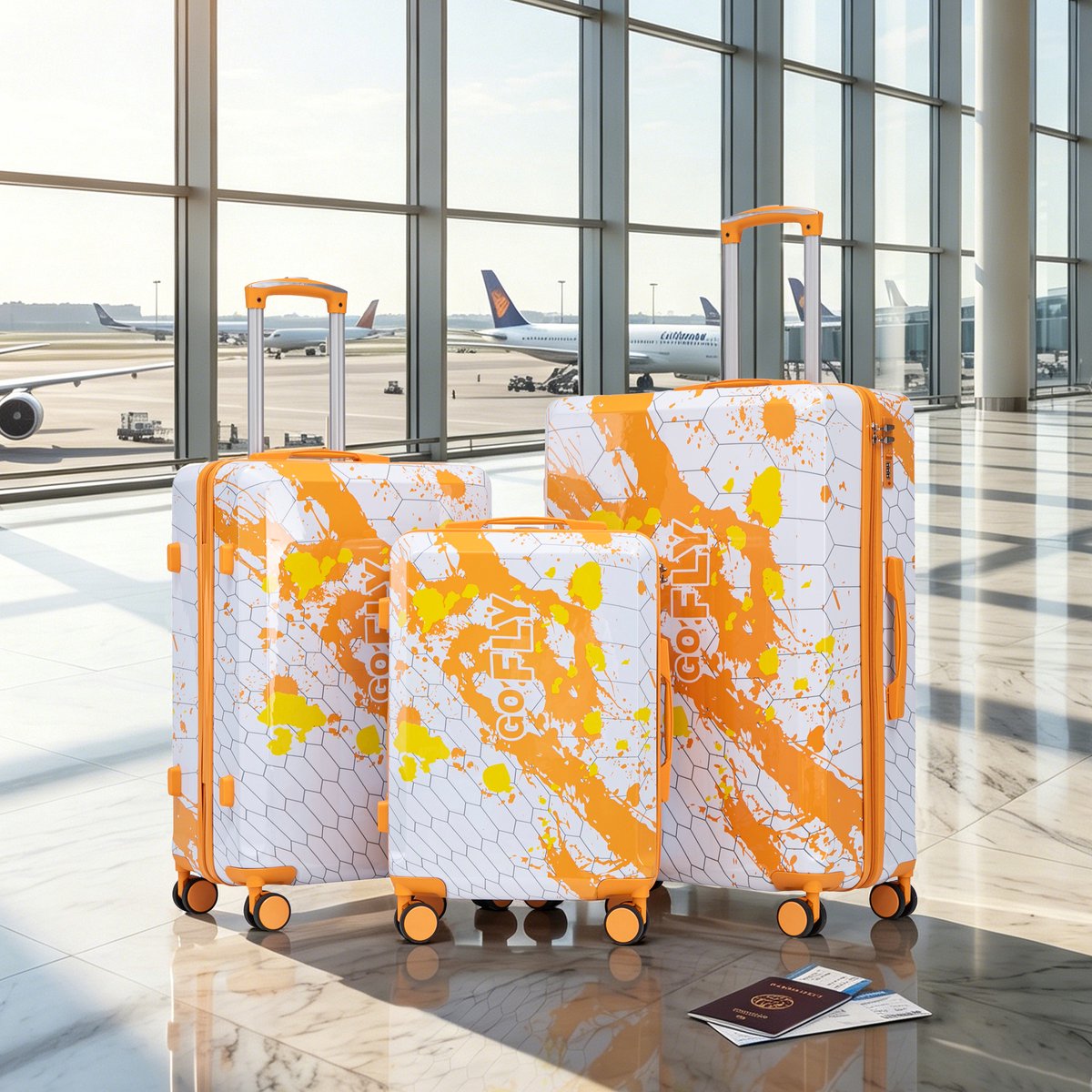 VVBV Kofferset 3 Delig 20/24/28 inch - PC Hardcase, Spinner Wielen, Cijferslot, Telescoopgreep, Ruimbagage, Oranje, Vakantie