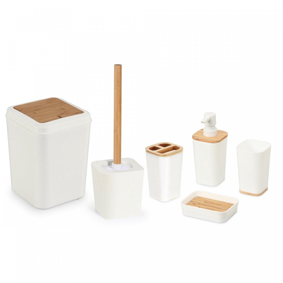 Badkamerset 6-delig – Badkamer Accessoires met Afvalbak, Toiletborstel, Zeepdispenser, Tandenborstelhouder en Zeepbakje – Wit en Bamboe