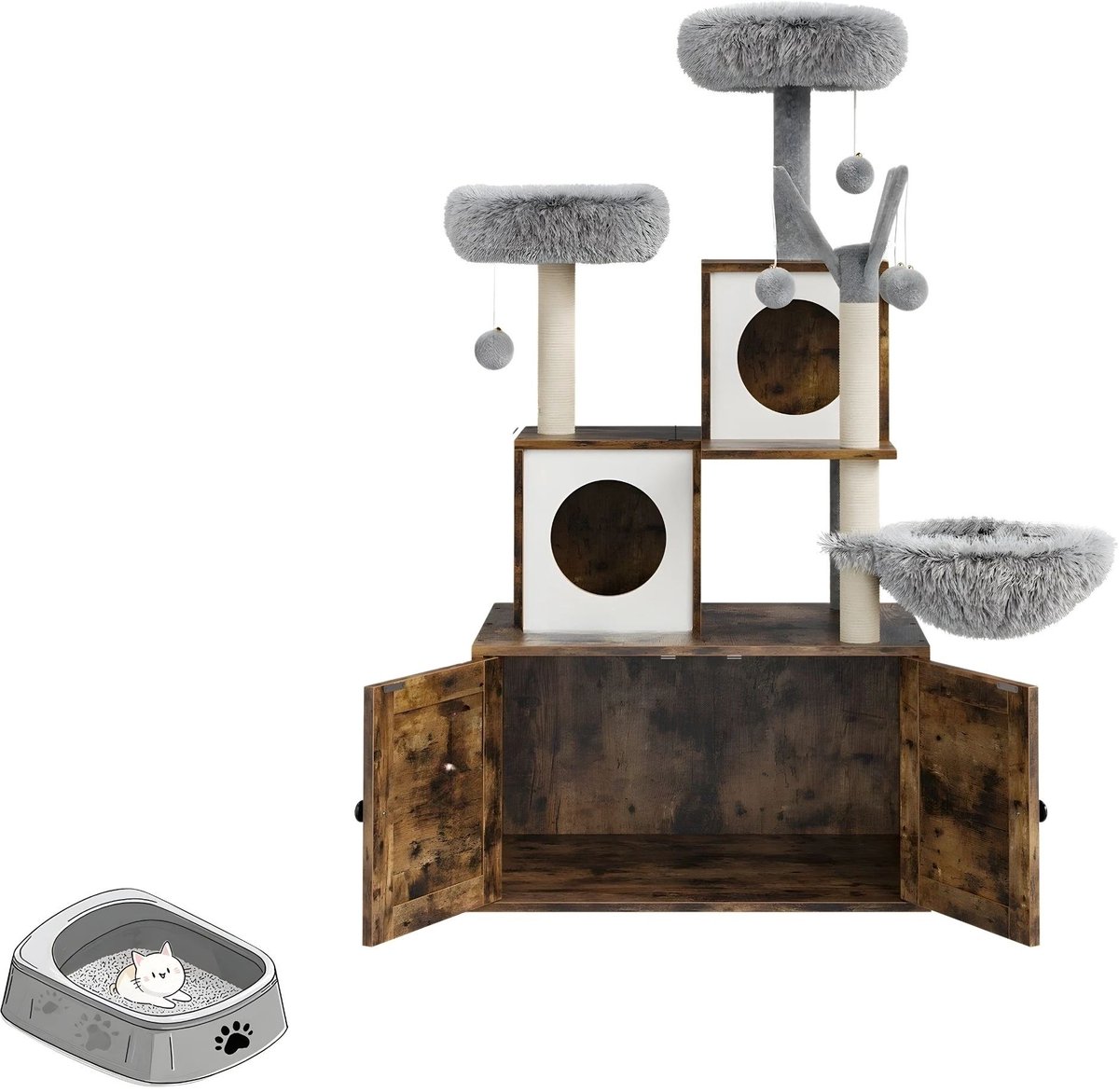 Kattenboom - Multi-Level Kattenmeubel met Kattenbak Ombouw, Krabpalen, Ligplaatsen en Speelgoed - voor binnenkatten - Hout en Pluche - Wit