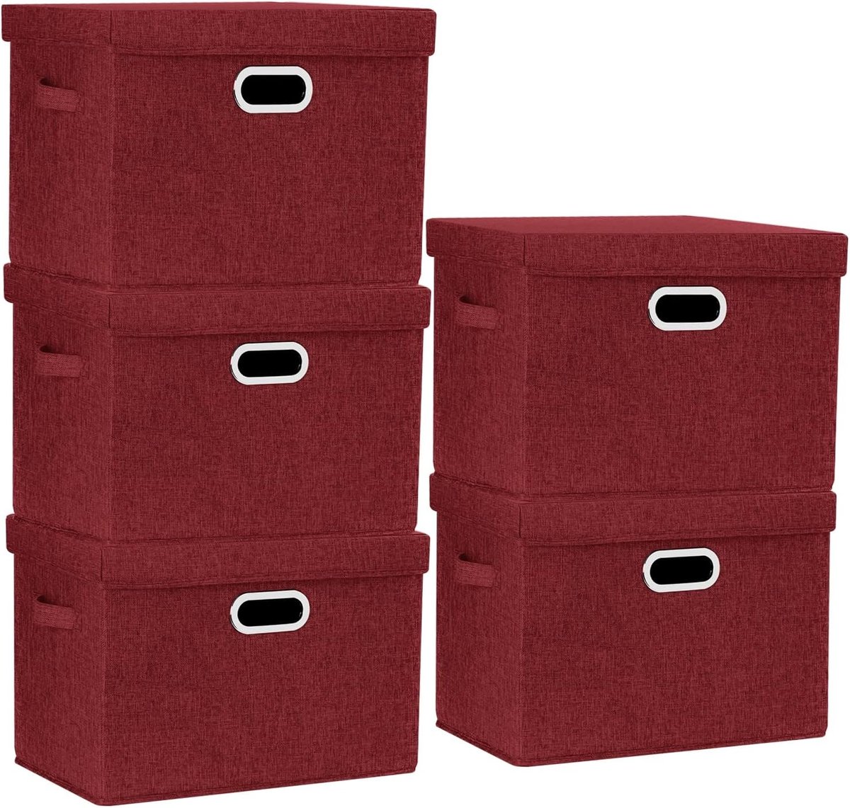 Grote Opbergdozen met Deksel, Vouwbaar en Wasbaar, Set van 5, 44x30x29cm, Rood Wijn, Ideaal voor Organisatie en Opslag