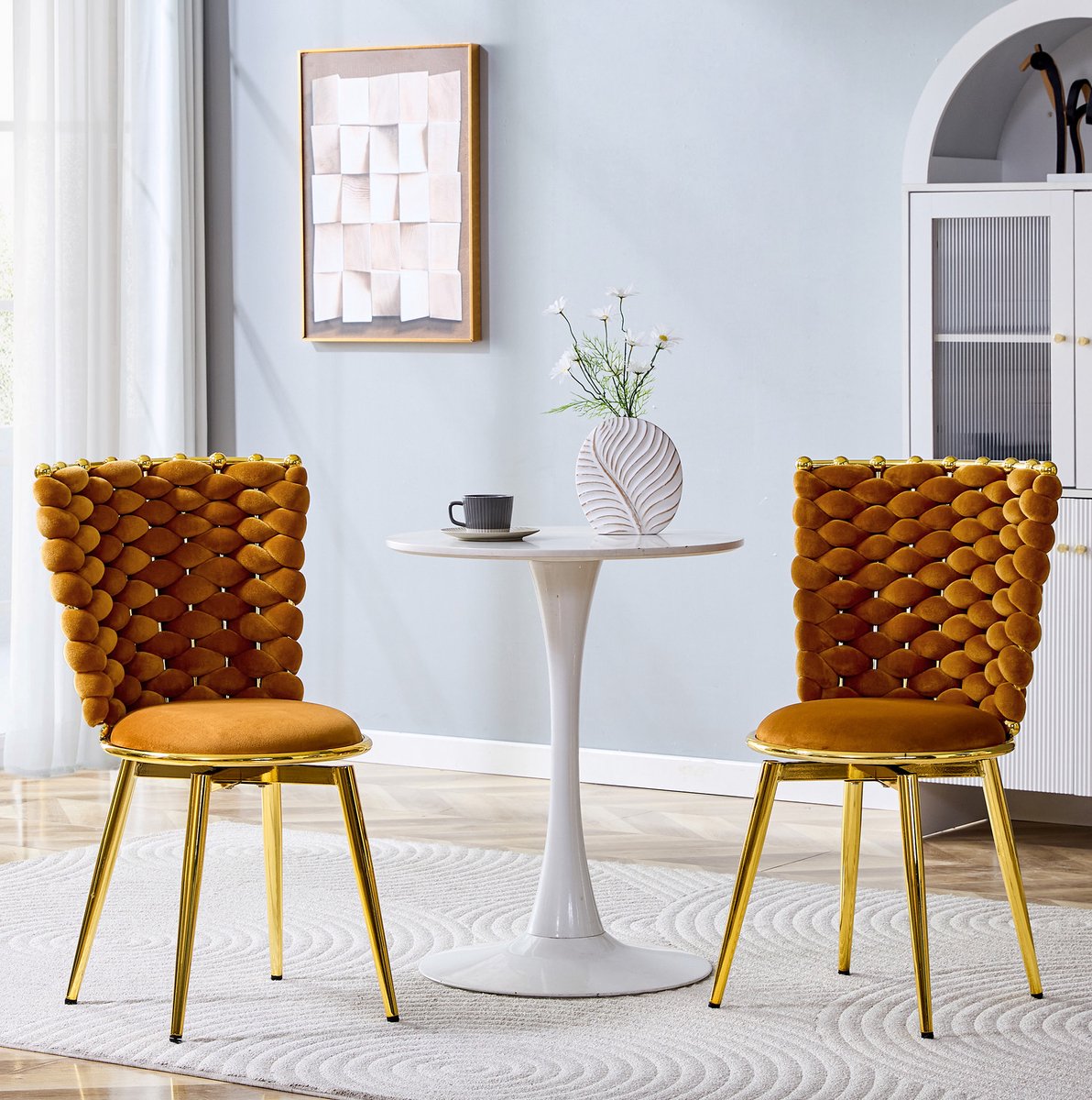 OKWISH Eetkamerstoel - Luxe Gevlochten Rugleuning - Set Van 2 - Fluweel - Modern - Goud en Oranje - Voor Eetkamer of Woonkamer