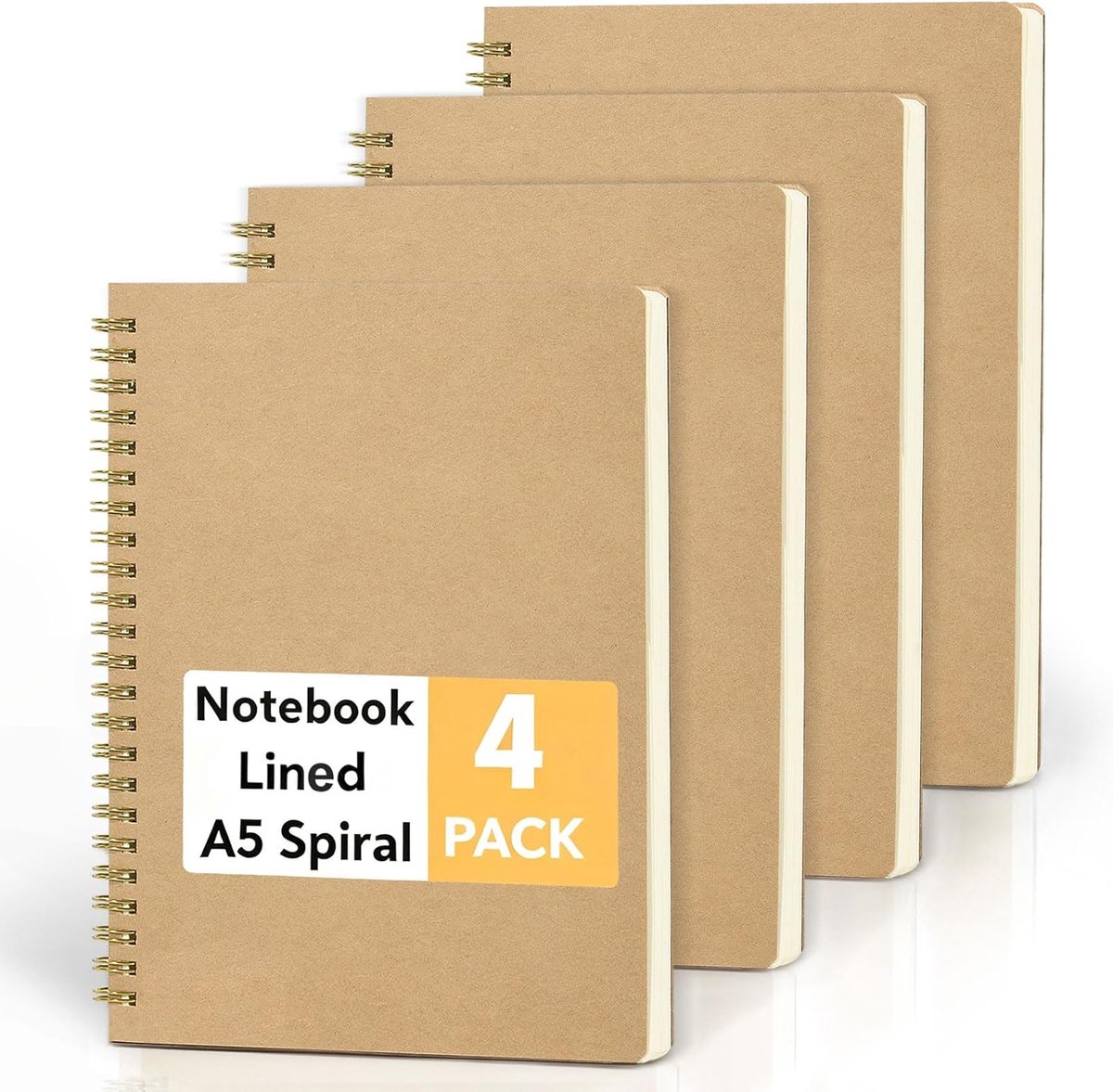 4-Pak Gelinieerd A5 Notitieboek met Spiraalbinding - Luxe Spiraal Notitieblok met Kraft Kaft - 120 Pagina's 80gsm Crème Papier voor Kantoor School en Reizen - Bruin