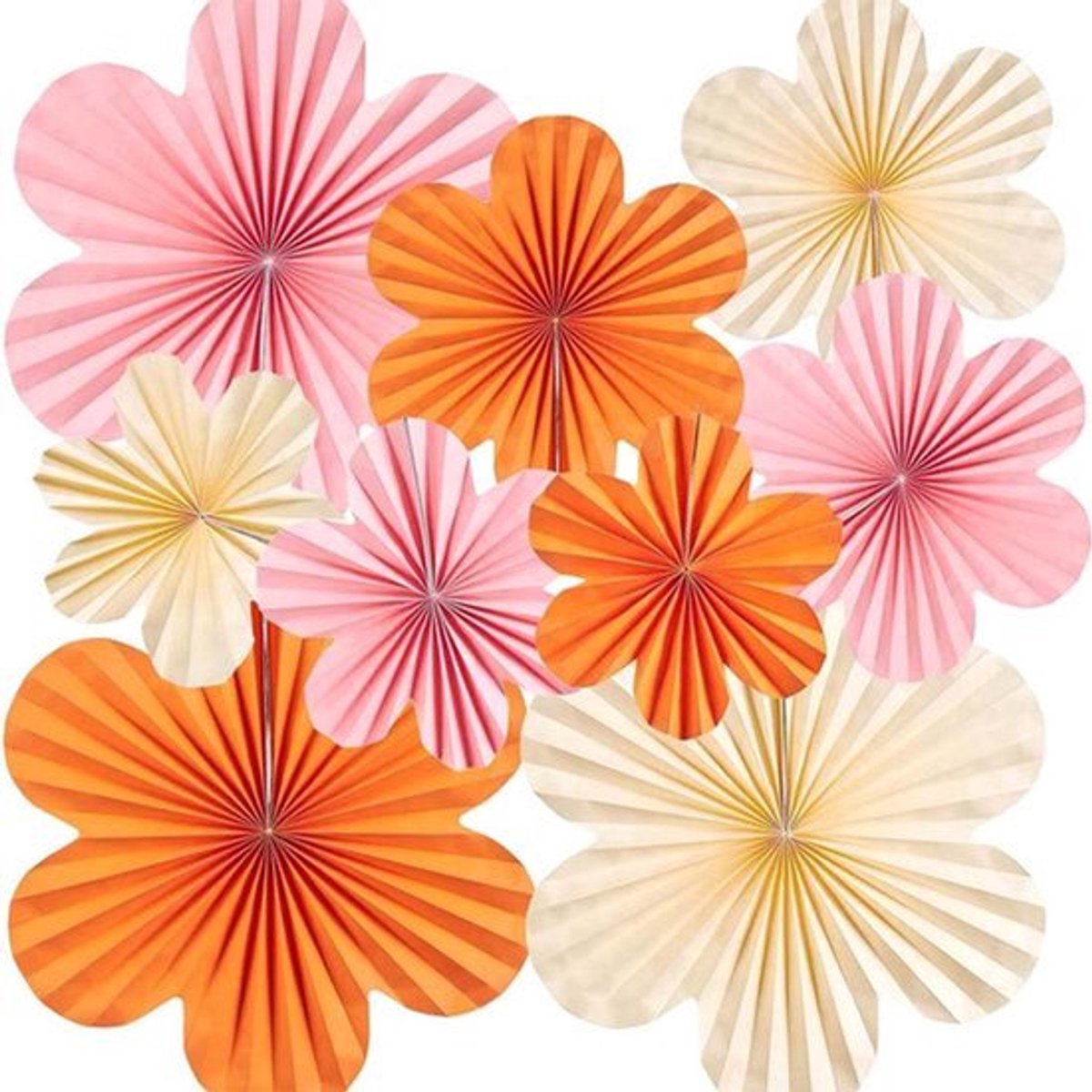 Floral Pattern Papieren Ventilatoren 9 Stuks - Roze en Oranje - Feestdecoratie