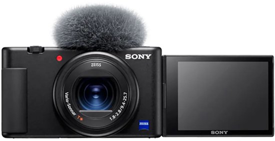 Zwarte Sony ZV-1 camera met microfoon en opengeklapt scherm.