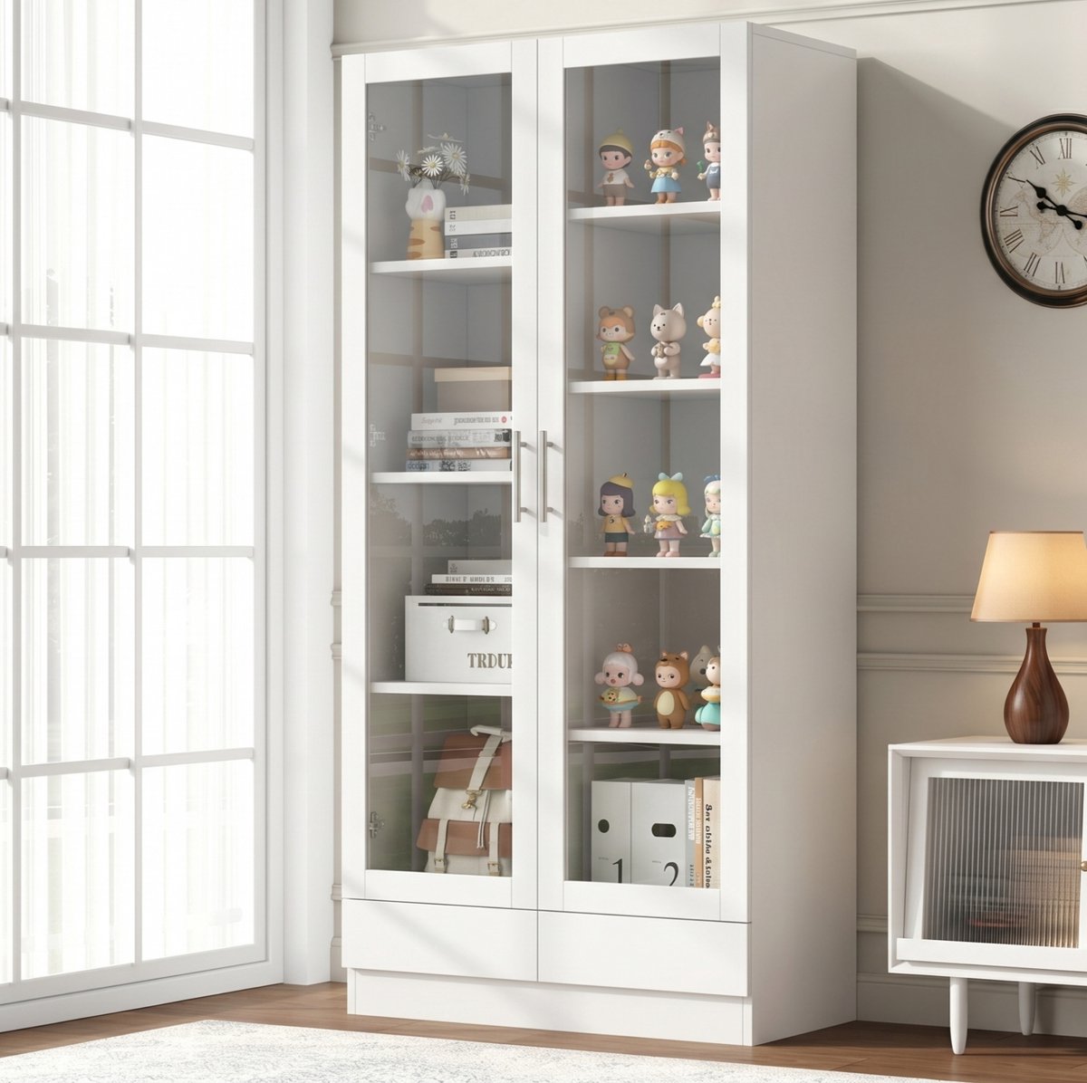 OKWISH Vitrinekast - Glazen Deuren En 2 Lades - 80 x 40 x 160 cm - Opbergkast Voor Woonkamer, Kantoor Of Eetkamer - MDF En Glas Wit