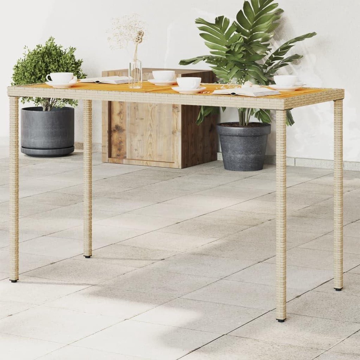 Tuintafel - Buitentafel Balkontafel - Buiten dineren - Houten blad PE-rotan - 115 x 54 x 74 cm - Beige