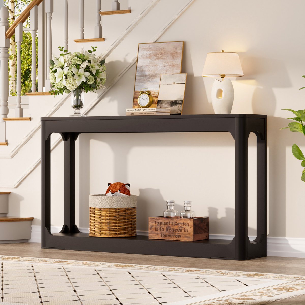 OKWISH Sidetable – 140 x 30 x 79 cm – Open Opbergrek – Voor Achter Bank, Hal en Entree – Modern Minimalistisch – MDF Zwart