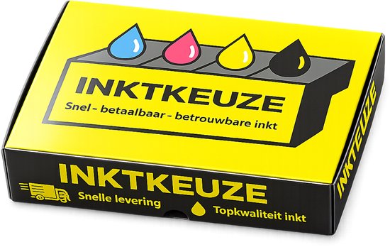 Gele doos met Inktkeuze logo en druppels, 'Snel - betaalbaar - betrouwbare inkt'.