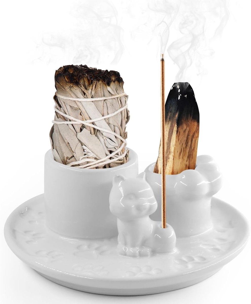 4-in-1 Incense Stick Houder voor Wierook, Palo Santo, Salie en Kaarsen voor Meditatie en Yoga, Perfecte Decoratie voor Thuis met Kattenpoot Ontwerp