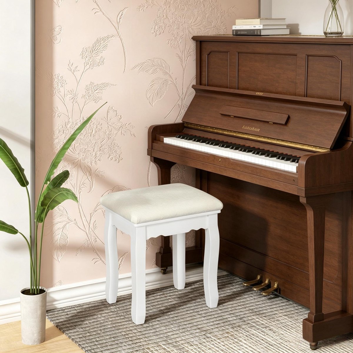 HAUSS SPOLE Hocker - Gepolsterde Pianokruk - Make-upkruk Met Comfortabele Zitting - Voor Slaapkamer En Woonkamer - Hout Wit