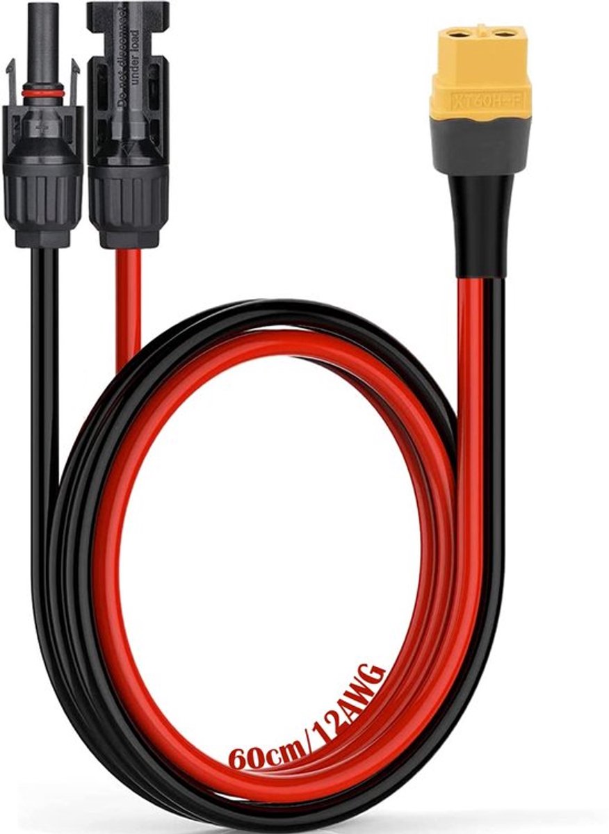 Zonnepaneelkabel, Zonneplug naar XT60-adapter, verlengkabel, 12 AWG/3,3 mm², 60 cm zonne-kabel, voor draagbare stroomvoorziening, zonne-generator