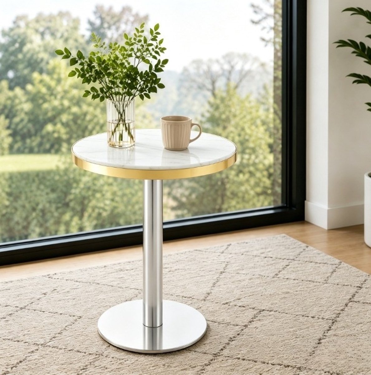 FloraGrace Bijzettafel - Ronde Marmerlook Tafel Met Gouden Rand - Voor Woonkamer Slaapkamer En Balkon - MDF Metaal - Wit - 60 x 73,7 cm