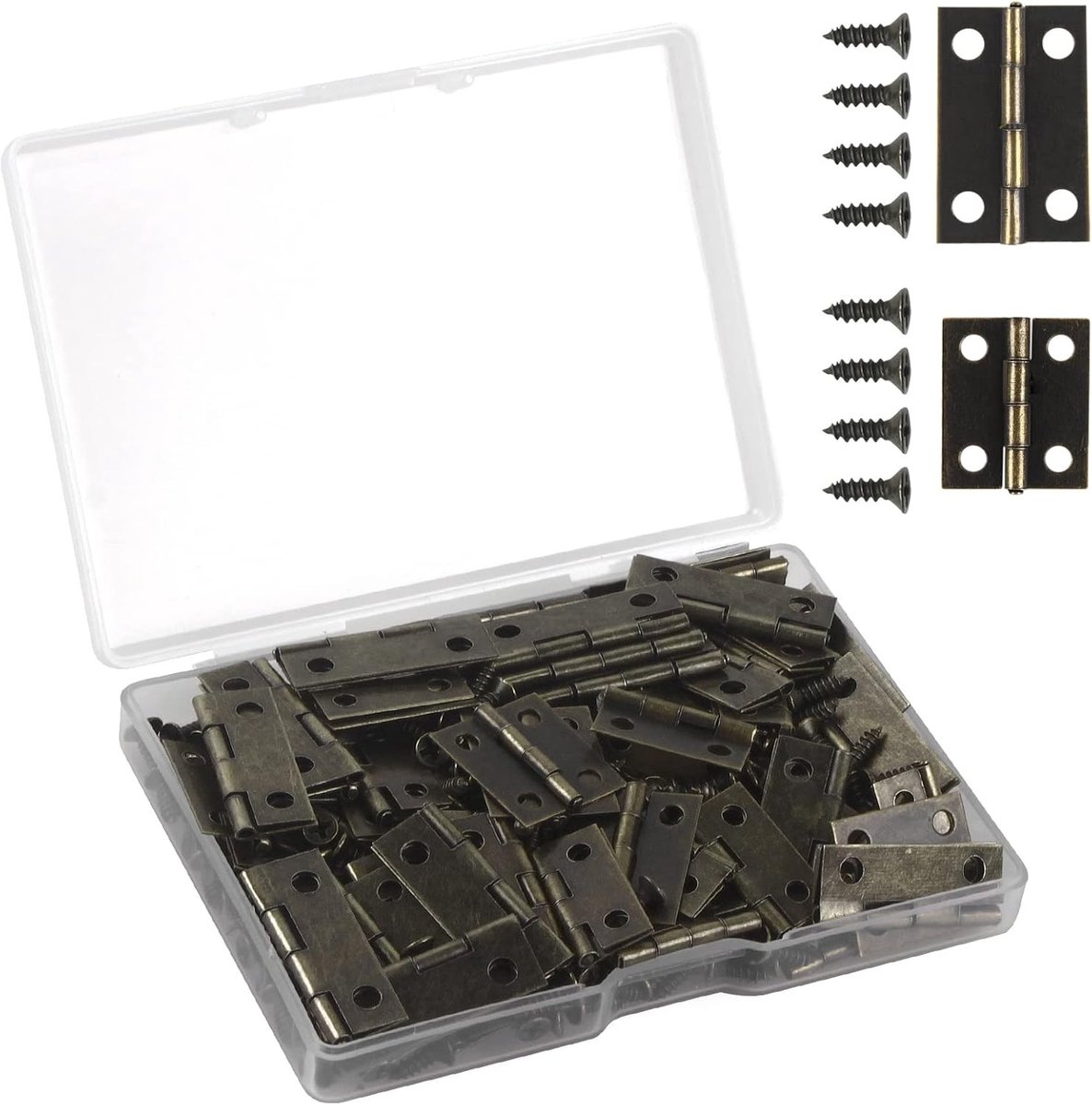 70 Stuks Kleine Scharnieren Set, Vintage Messing Mini Scharnieren met 300 Stuks 7mm Schroeven en Opbergdoos, Perfect voor Meubels en Kastdeuren