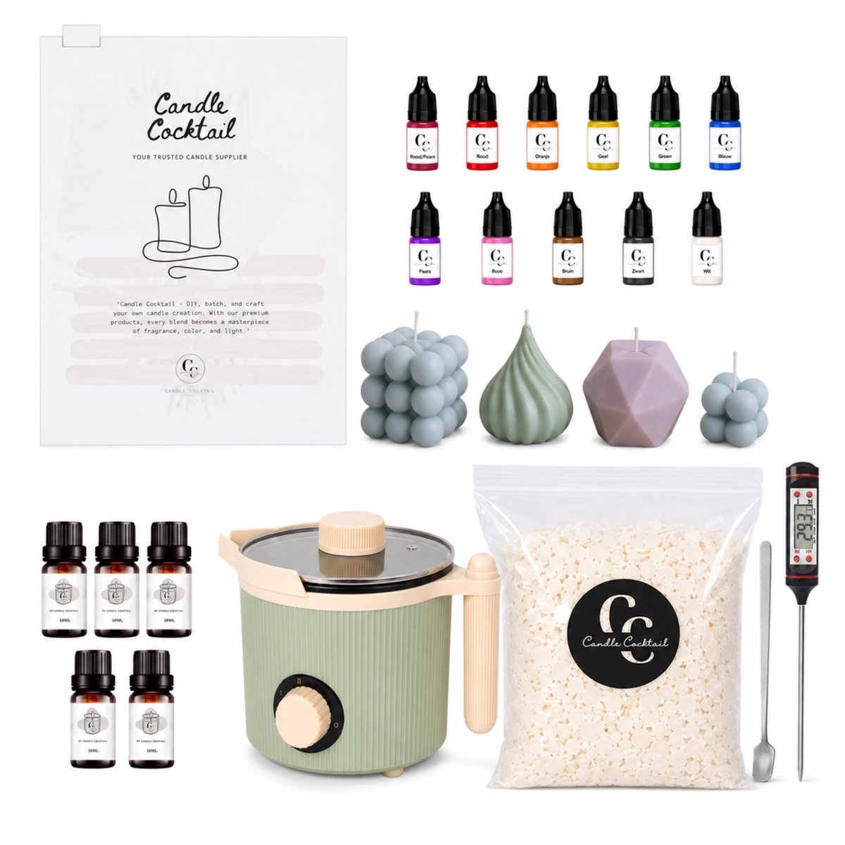 DIY Kaarsen Maken XXL Set – Complete Hobbyset – Inclusief Smeltketel, Sojawas, Mallen, Geuroliën & Kleurstoffen – Candle Cocktail®