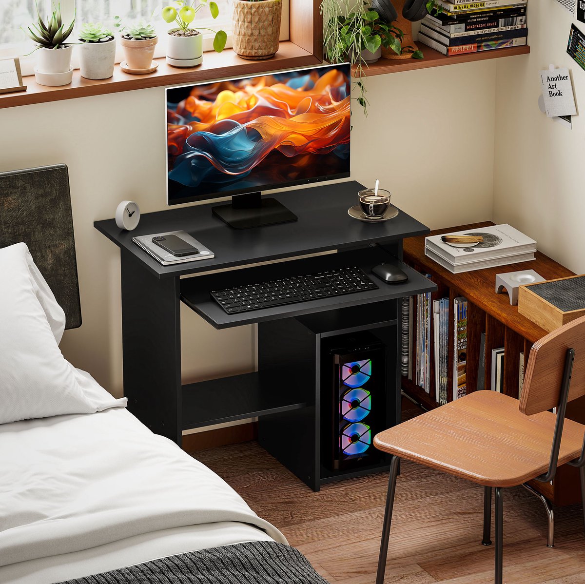 STILVORA Bureau - Compacte Computertafel Met Open Vakken En Uitschuifbaar Toetsenbordblad - Voor Werkplek En Studie - Spaanplaat - Zwart - 80x45x75 Cm