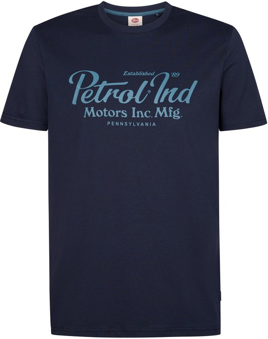 Marineblauw T-shirt met een lichtblauwe opdruk 'Petrol Ind Motors Inc. Mfg. Pennsylvania'.