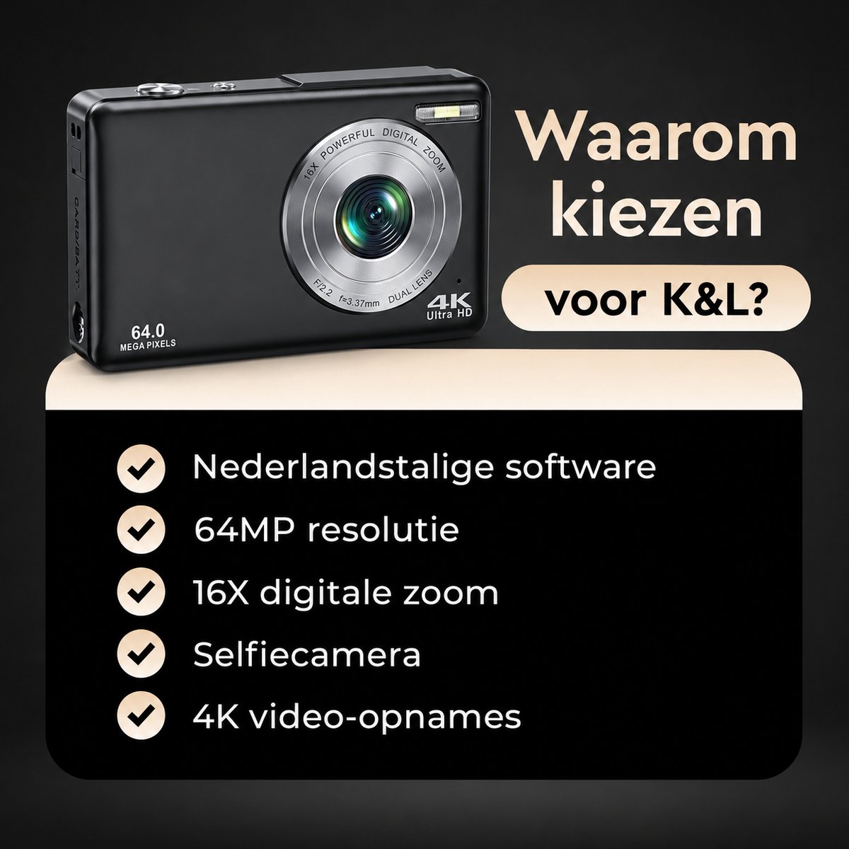 K&L KL-4K-64-B compactcamera met dubbele lens thumbnail 3