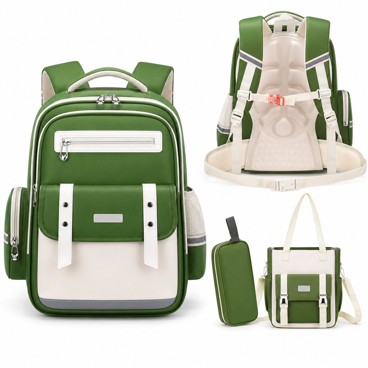 VHV - Schoolrugzak 3-delige set - met bijtas en etui - 28L - voor jongens en meisjes - Groen