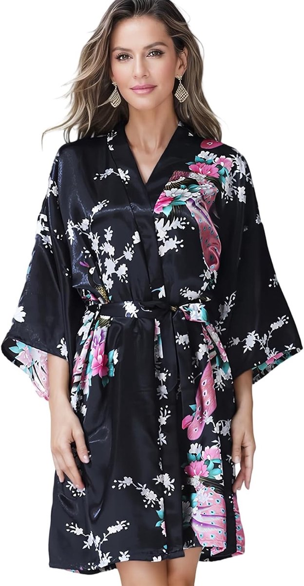 Luxe Katoenen Kimono Badjas voor Dames, Lichtgewicht Slapen en Loungewear, Korte Nachtjapon met 3/4 Mouwen en Schuin V-Hals voor Spa en Thuisgebruik