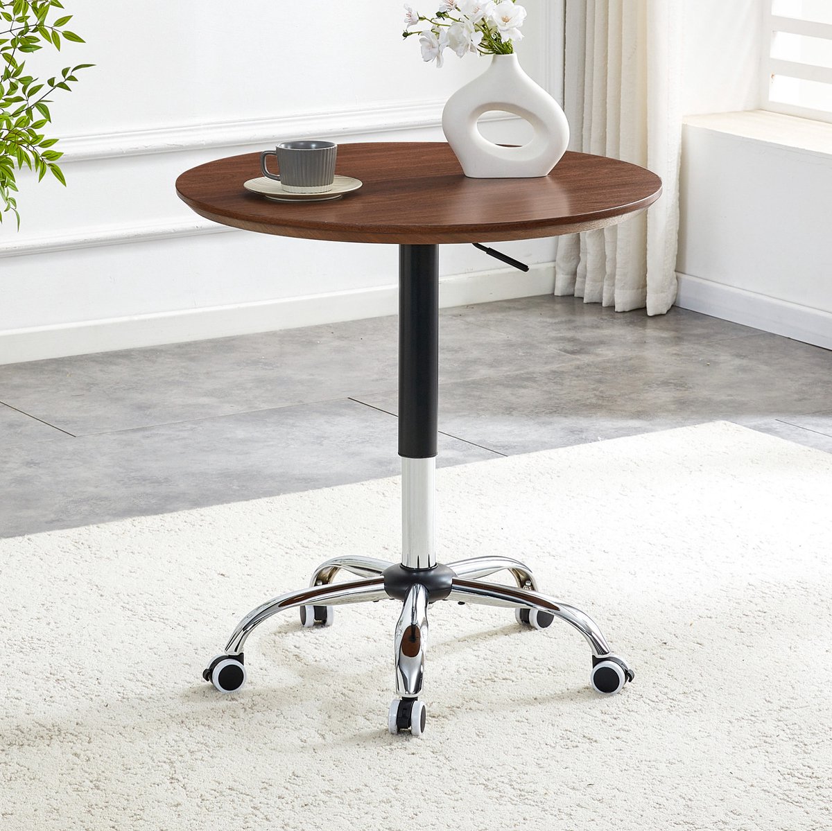 FloraGrace Bijzettafel Verstelbare Hoogte En Wielen Rond Walnoot MDF Metaal Voor Homeoffice Keuken En Café 70 Cm