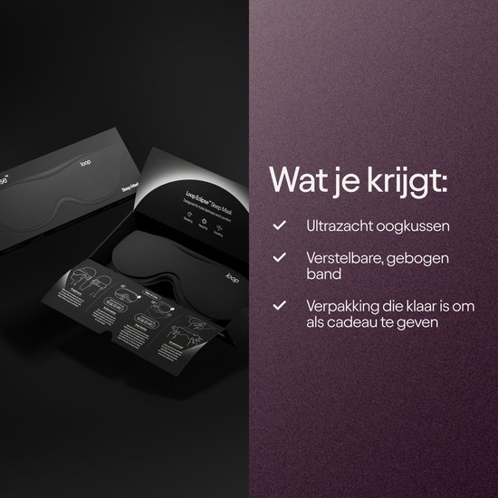Zwarte Loop Eclipse slaapmasker in doos met instructies en tekst "Wat je krijgt"