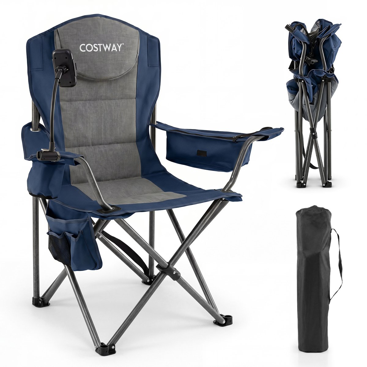 COSTWAY Campingstoel, opvouwbaar, XXL, 200 kg, belastbaar, inklapbaar, gevoerd | Extra grote visstoel met koeltas, telefoonhouder, zijvak en bekerhouder, vouwstoel voor camping, picknick