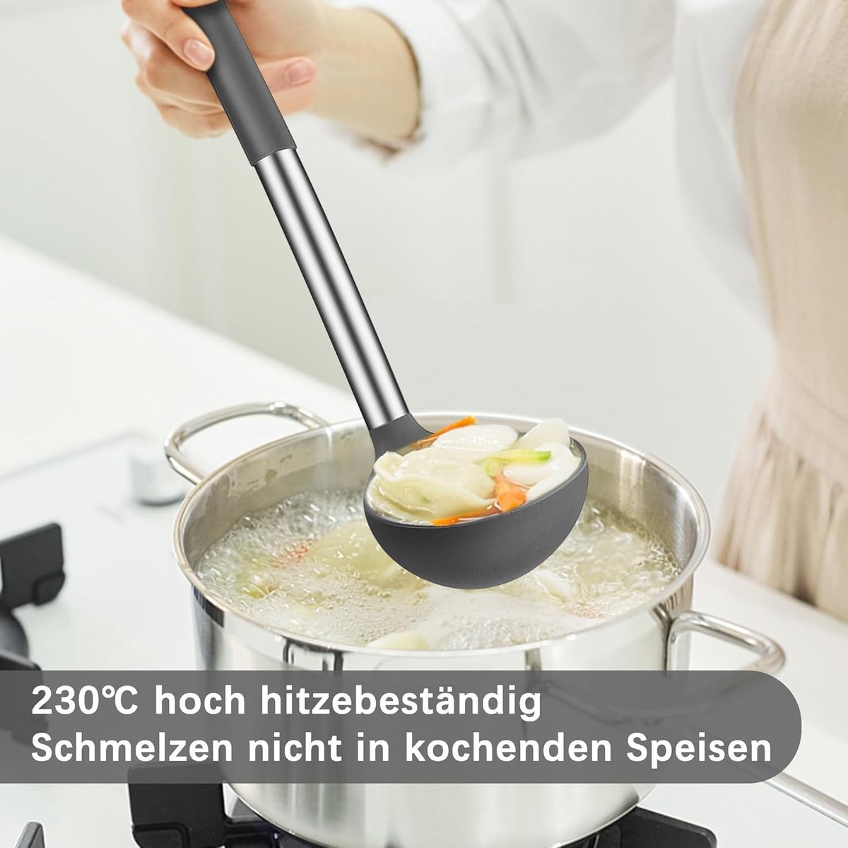 Siliconen Soeplepel Set van 2, Hittebestendige Lepels met RVS Handvat, Ideaal voor Koken, Roeren en Serveerwerk, Gezond en Antiaanbak - Grijs
