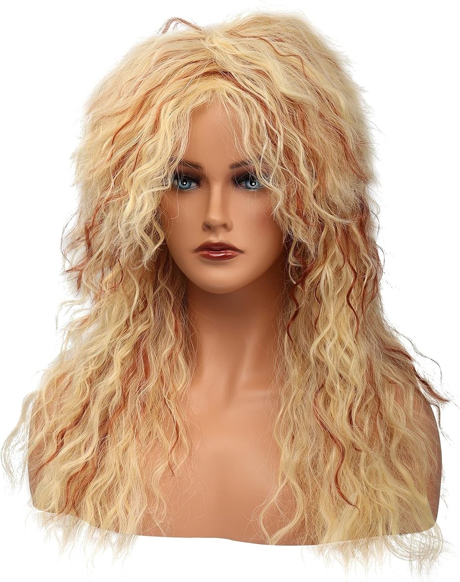 Langgolvende Curly 80s Rock Punk Peruk voor Cosplay en Halloween Kostuum - Blond met Rood en Bruin