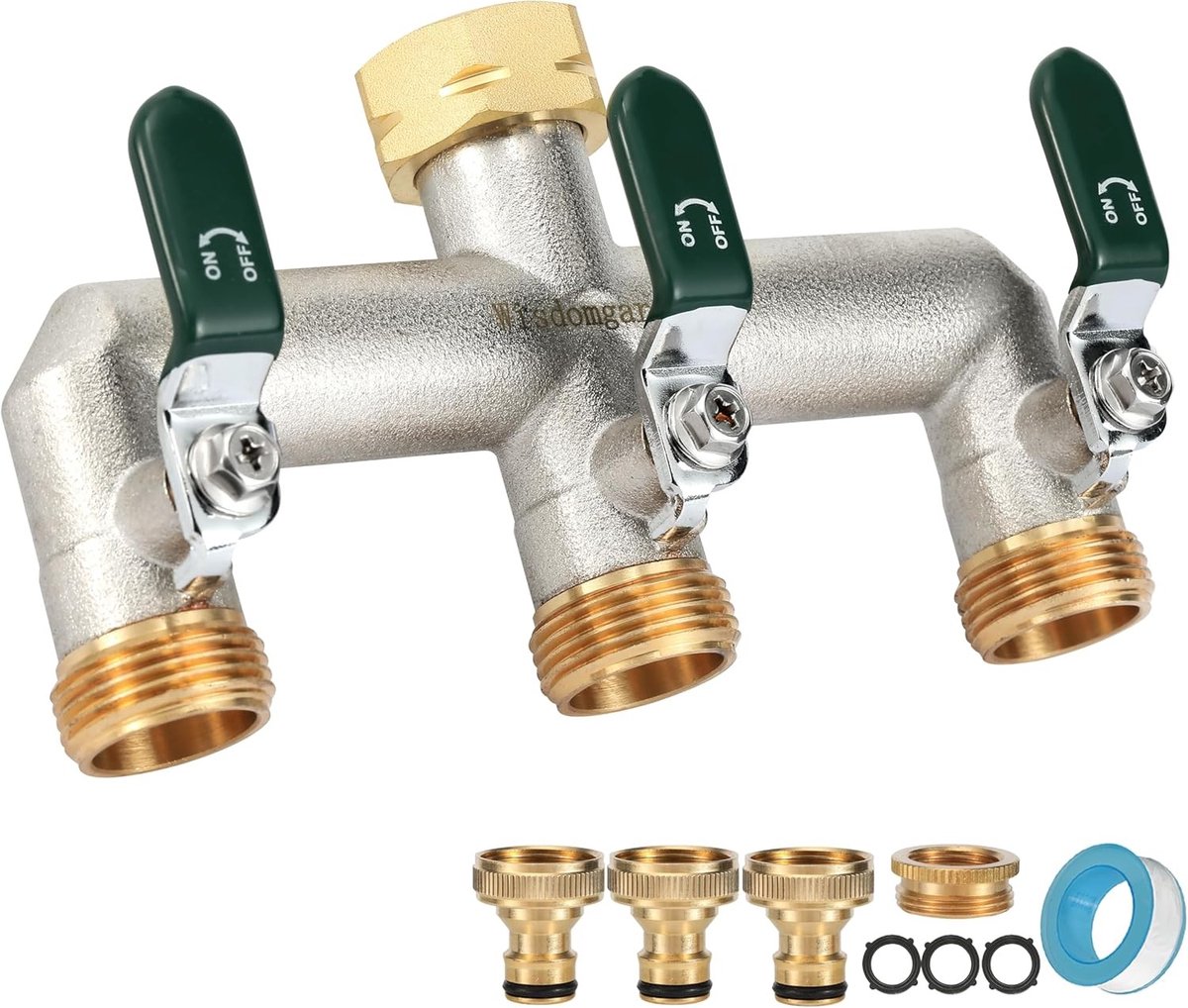 Drieweg waterverdeler van messing met nikkelcoating voor tuinkranen, 3/4 inch aansluiting, inclusief adapters en groene handvatten