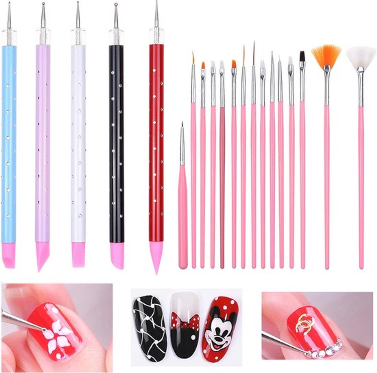 20 stuks nagelkunstaccessoires set - professionele borstels en dubbelzijdige penselen voor DIY nagelontwerpen