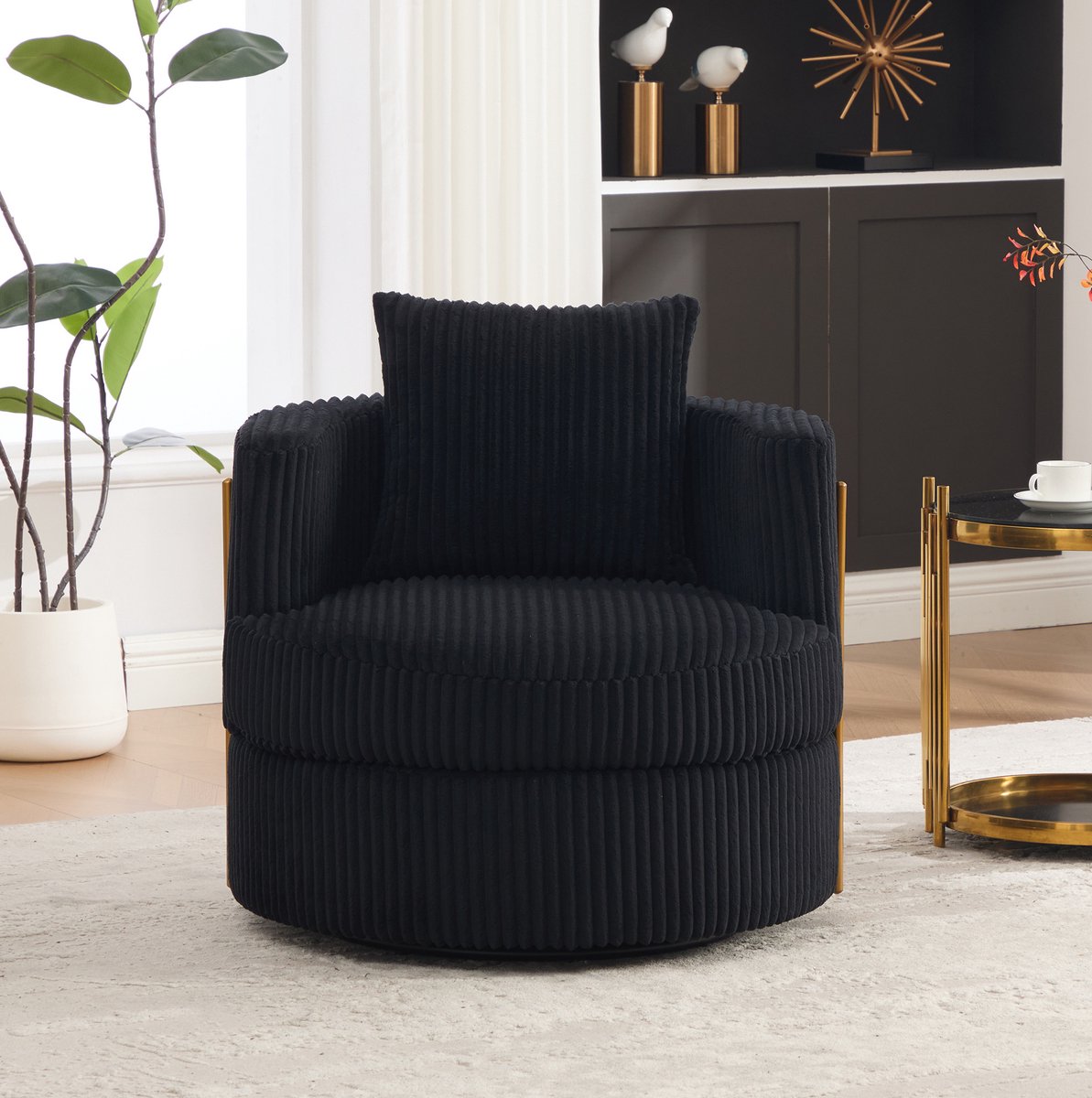 OKWISH Fauteuil - 360° Draaibaar Met Opbergruimte Onder Zitting - Zachte Corduroy Voor Woonkamer En Slaapkamer - Stof - Zwart