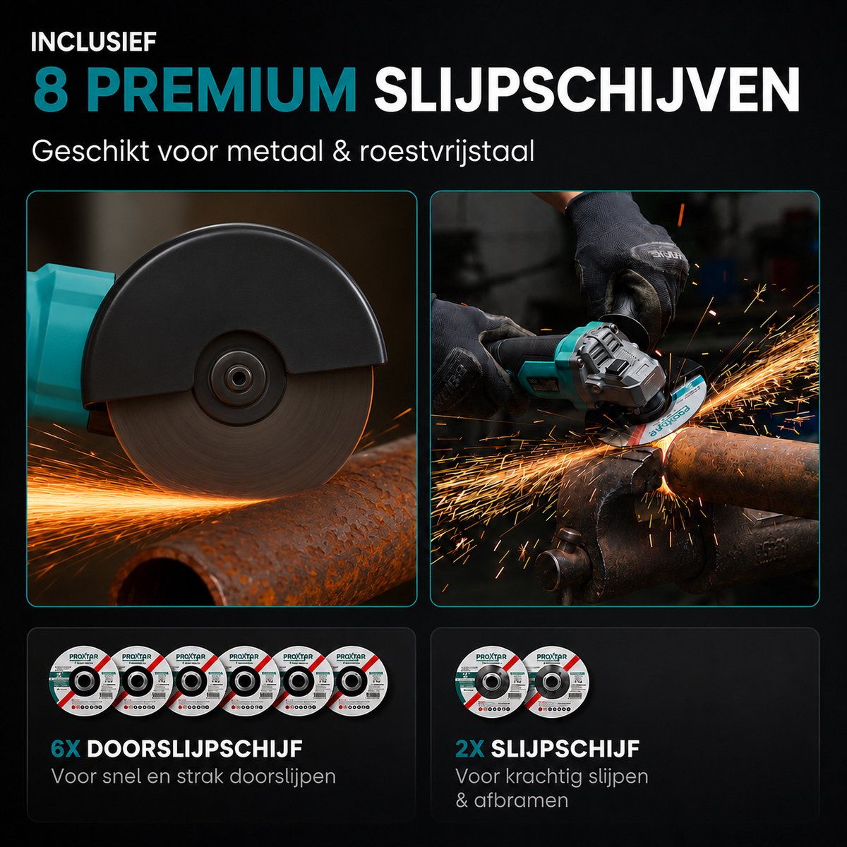 ProXtar Haakse Slijper - Elektrische Slijpmachine - Draadloze Slijptol - Incl. 8x schijven & 2x Accu - Ø125MM – foto 5