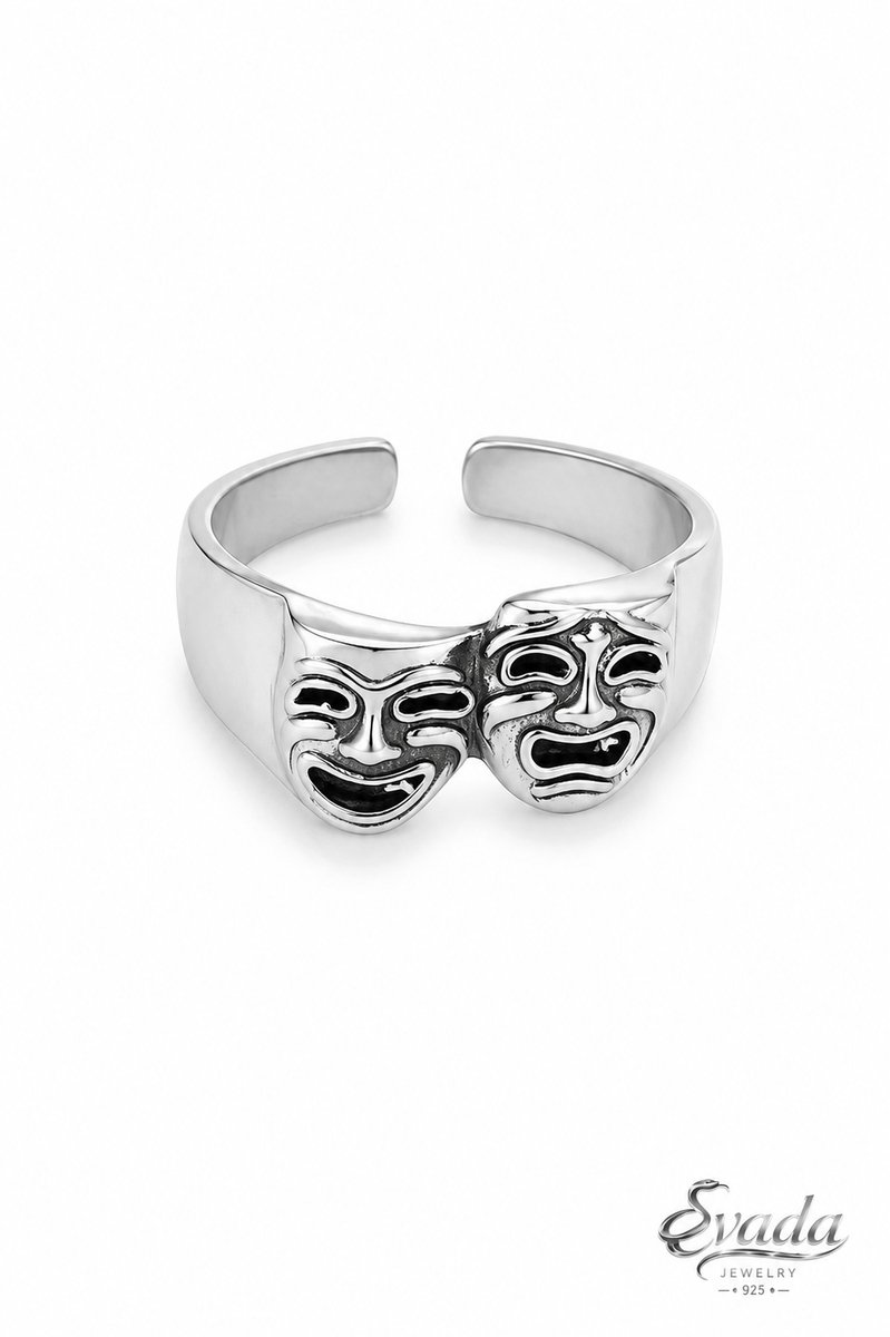 EVADA Jewelry 925 Sterling Zilver Ring – Theatermaskers – Verstelbare Dames Ring