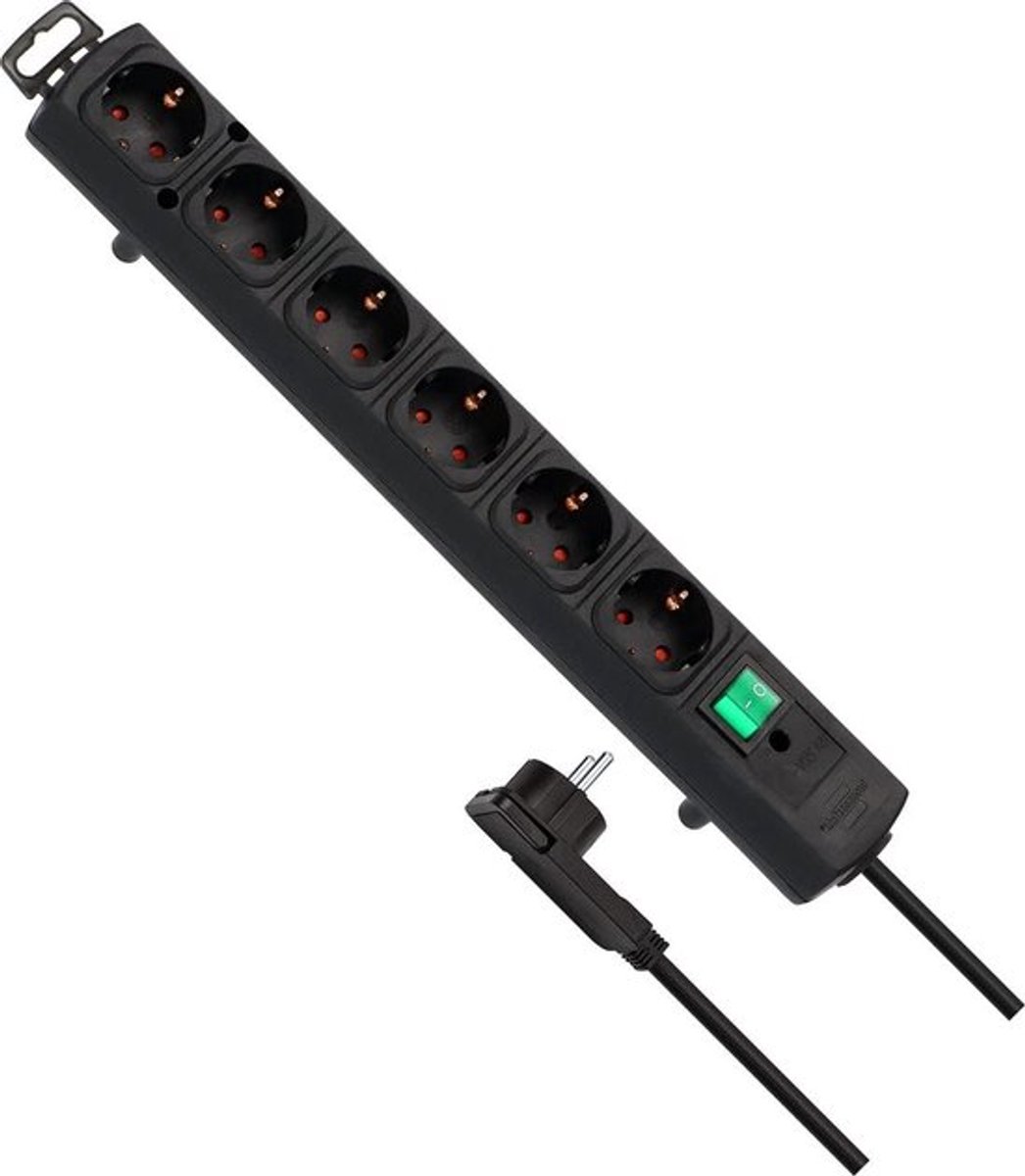 Stekkerdoos Comfort-Line Plus met schakelaar, 2 m kabel, extra brede afstanden tussen stopcontacten, kleur wit, enkel 6-weg zwart