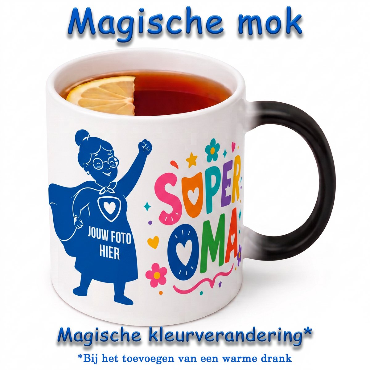 Gepersonaliseerde Magische Mok Super Oma – Kleurveranderende Mok met Eigen Foto – Warmtegevoelige Fotomok – Cadeau voor Oma – Moederdag Cadeau – Koffiemok Oma – Theemok Grootmoeder – Zwarte Mok wordt Wit bij Warme Drank