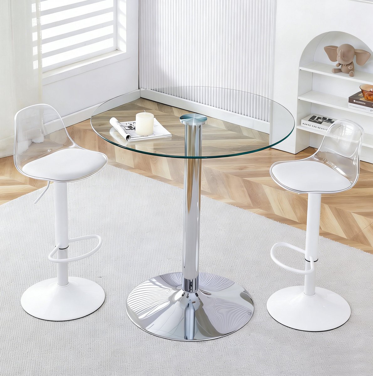 DESMIU Bartafelset 89 Cm - Ronde Glazen Tafel Met 2 Verstelbare En Draaibare Barkrukken - Voor Eethoek, Bar En Lounge - Metaal Transparant Wit Zilver