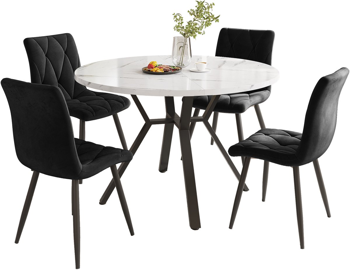 DESMIU Set Tafel En Stoelen 100 x 100 x 75 cm - 5-Delig Rond Eetkamerset Met Marmerlook En 4 Ergonomische Stoelen - MDF Metaal - Zwart Wit