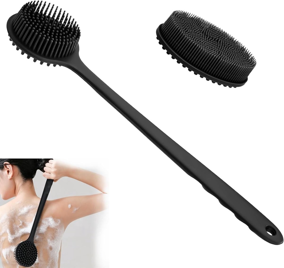 Dubbelzijdige siliconen doucheborstel met lange handgreep voor rugscrubben, ideaal voor lichaamshygiëne en exfoliatie, 2 stuks zwart