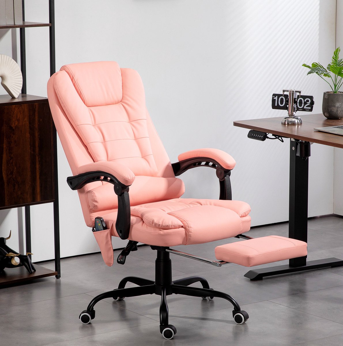 DESMIU Bureaustoel 67 x 67 x 111-121 cm - 7-Punts Vibratiemassage Met Voetsteun En Ligfunctie - Voor Werkkamer En Kantoor - Kunstleer Roze