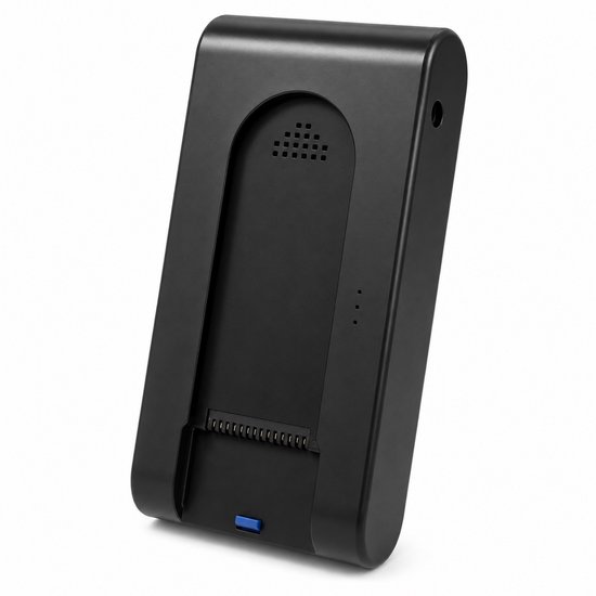 Zwarte MYBOT S8 Ultra accu met blauwe knop en contactpunten.