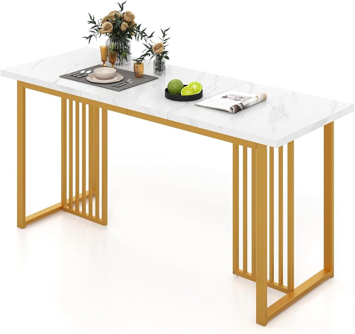 Eettafel Kunstmarmer - Keukentafel Rechthoekig - Gezellig Tafelen - Robuust Metalen Frame - 160 x 60 cm - Wit