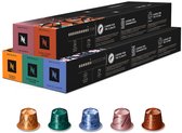 Vijf pakken Nespresso Lungo capsules, met op elke verpakking een afbeelding van de bijbehorende capsule. De capsules hebben unieke designs.