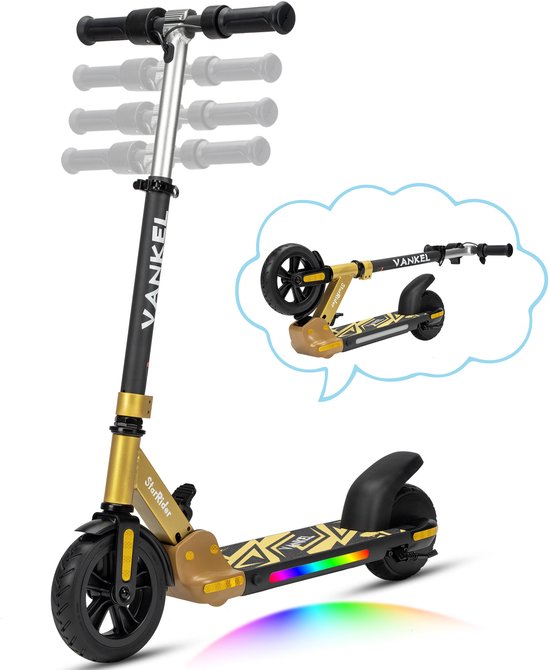 Vankel elektrische kinderstep – verstelbare kinderstep met 4 hoogtestanden – 80W veilige motor – 6,5 kg lichtgewicht design – 6 inch massieve banden – LED verlichting – geschikt vanaf 6 jaar – geel
