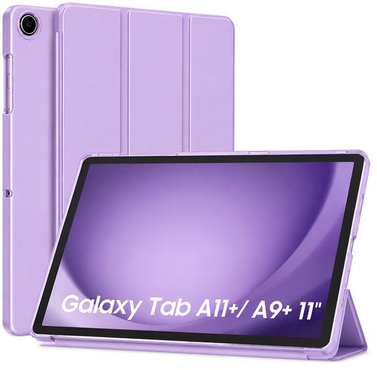 Paarse Sounix tablethoes voor Galaxy Tab A11+/A9+ 11" in gesloten en open standaardpositie.