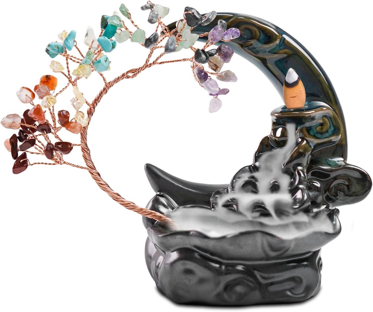 Ceramische Backflow Wierookbrander met Kristallen Boom voor Yoga, Meditatie en Aromatherapie - Ideaal als Cadeau voor Thuisdecoratie