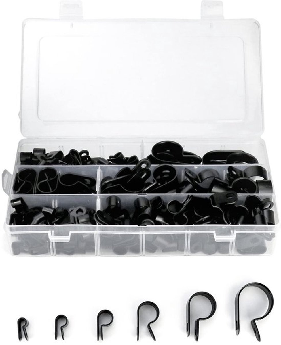 200 stuks nylon P clips, kunststof kabelklemmen voor kabelgeleiding, Ø 5/6/9/12/19 / 28mm (zwart)