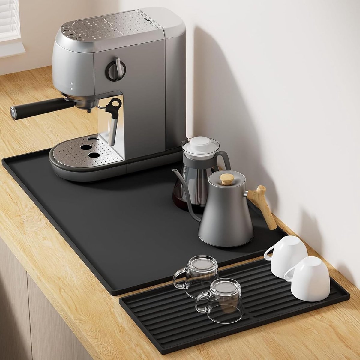Siliconen Keukenmat Set 2-in-1 - 60 x 40 cm Vlekkenmat met 40 x 19 cm Droogmat en Magnetische Houder, Antislip en Warmtebestendig voor Keuken of Espresso Station