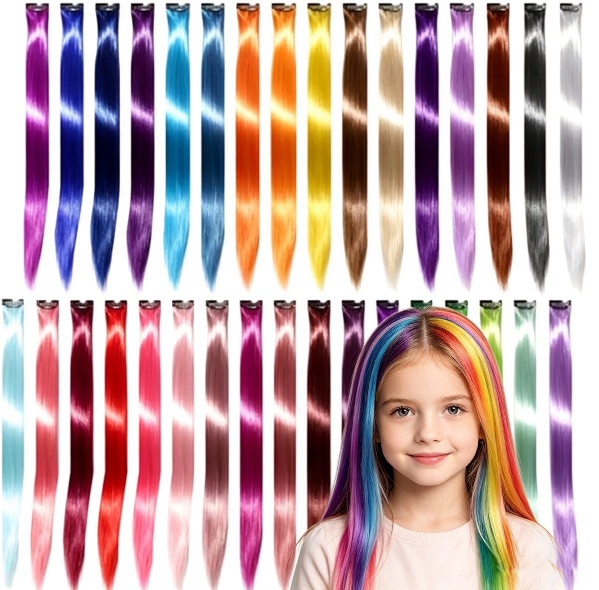 Learnlogic 22 Stuks Clip-In Gekleurde Haarextensies 55cm Regenboog Highlights voor Kinderen & Volwassenen Hittebestendig en Op Maat Te Knippen Cadeau voor School Carnaval en Verkleedfeesten