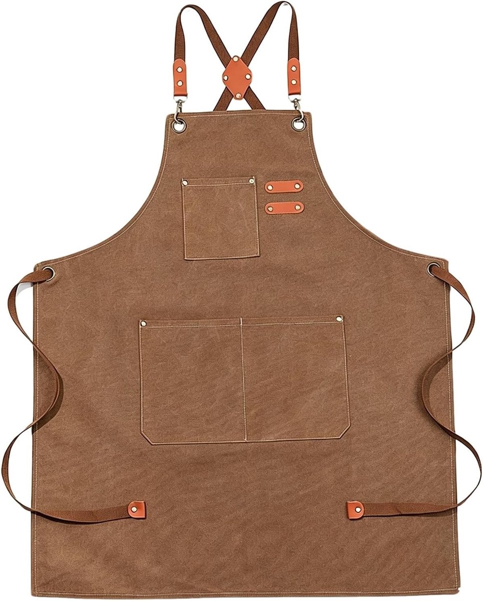 Canvas schort met waterspat- en vlekbescherming, verstelbaar kruisbandontwerp, 3 zakken, ideaal voor koken, grillen en tuinieren, unisex, bruin, 127 cm